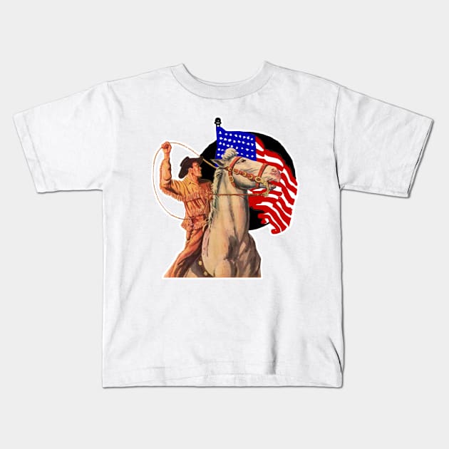 Cowboy lassoing cattle at American rodeo Kids T-Shirt by Marccelus